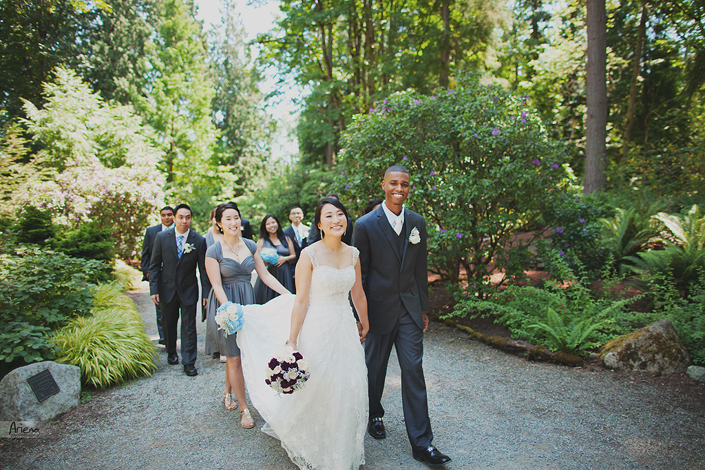 Summer Korean and African American wedding in Bellevue. Sunny weather in Bellevue Botanical Garden