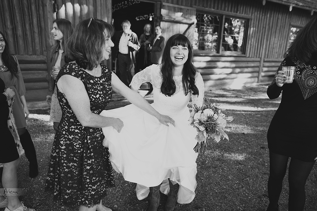 Rustic forest wedding Kitsap Memorial State Park. Sunny summer weather. Bride wearing western boots