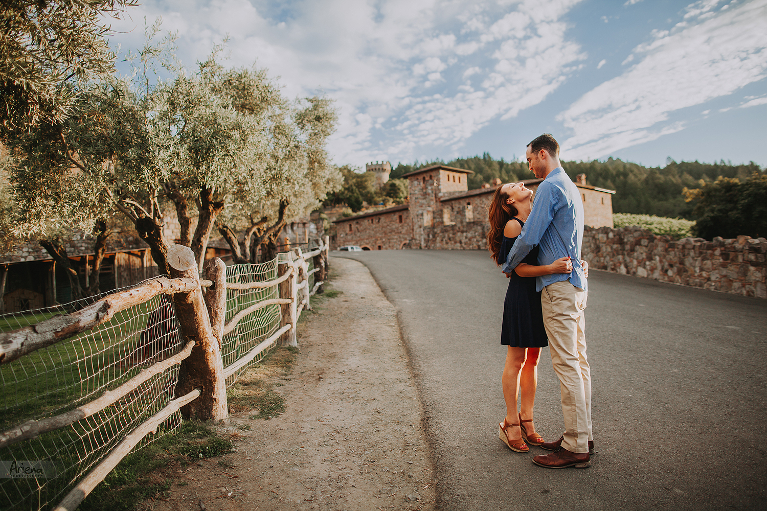 Napa Valley engagement session in Castello Di Amorosa at sunset time