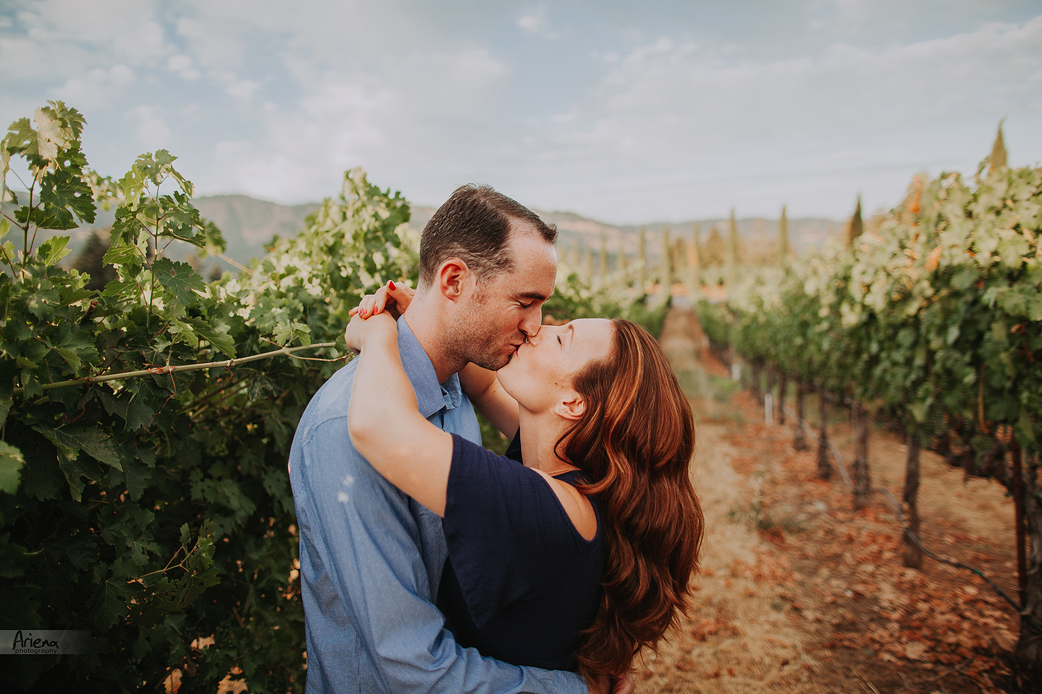 Napa Valley engagement session in Castello Di Amorosa at sunset time