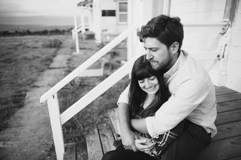 Discovery Park cozy sunset black and white engagement session