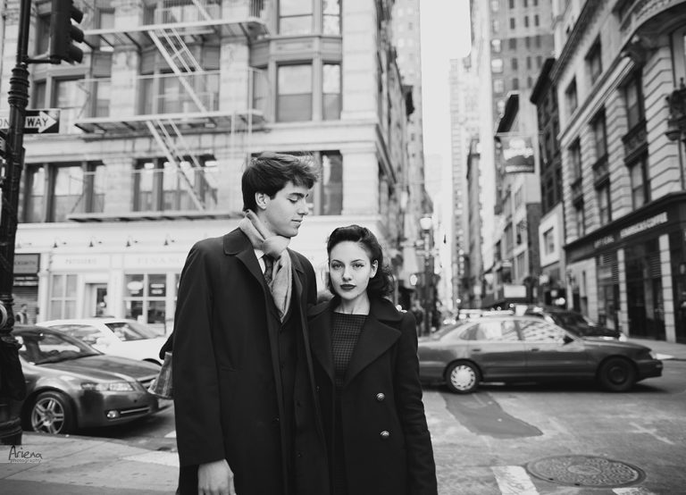 Manhattan street style engagement photo session in black and white