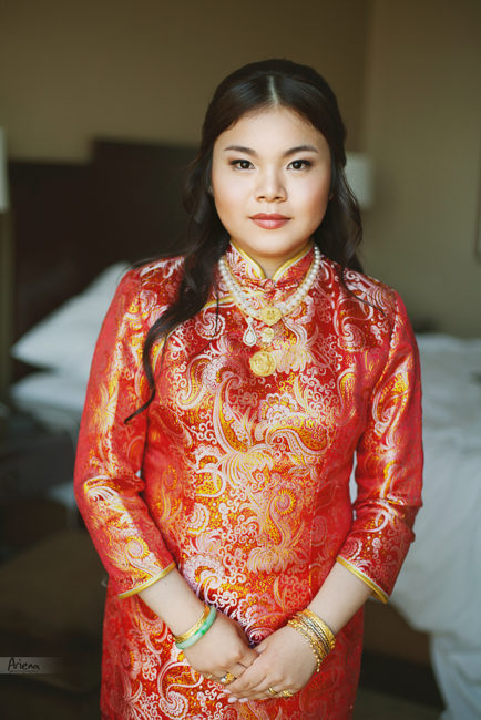 Chinese traditional wedding outfit, bride in red dress in Seattle