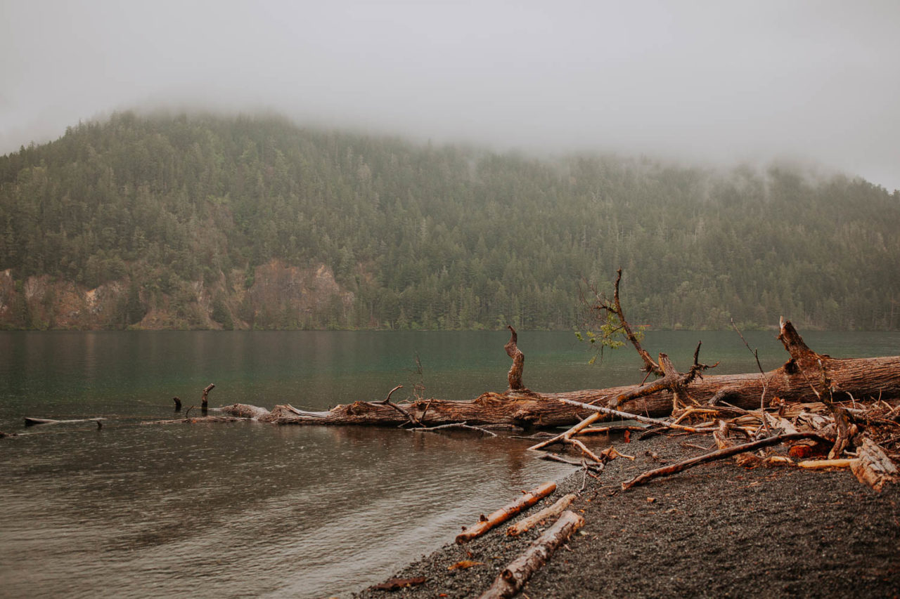 Lake Crescent rainy elopement at Olympic Peninsula. Rain forest intimate ceremony. Hiking to elope at Merymere Falls