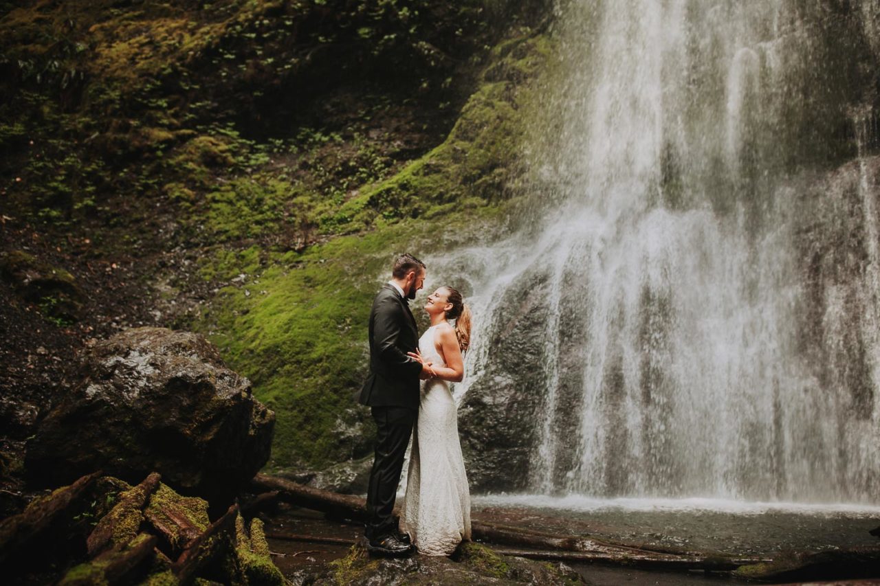 Marymere Falls moody rainy elopement. Olympic Peninsula intimate wedding in rain Forest